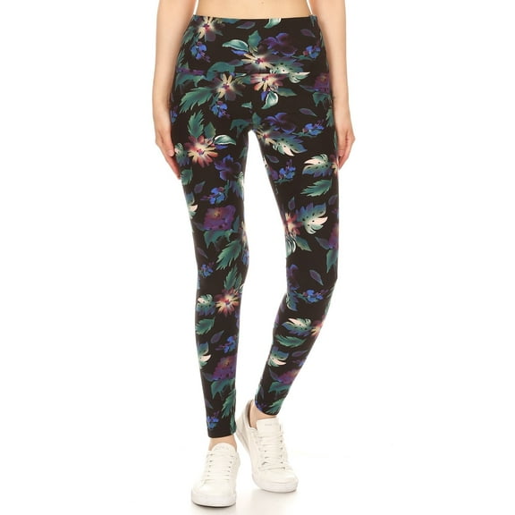 Long Yoga Style Banded Lined Floral Printed Knit Legging With High Waist