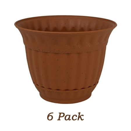 Plastic Flower Planters 6 Pack 6 Inch Plastic Flower Pot Sienna Burn Decorative Attached Saucer Garden Planter ()
