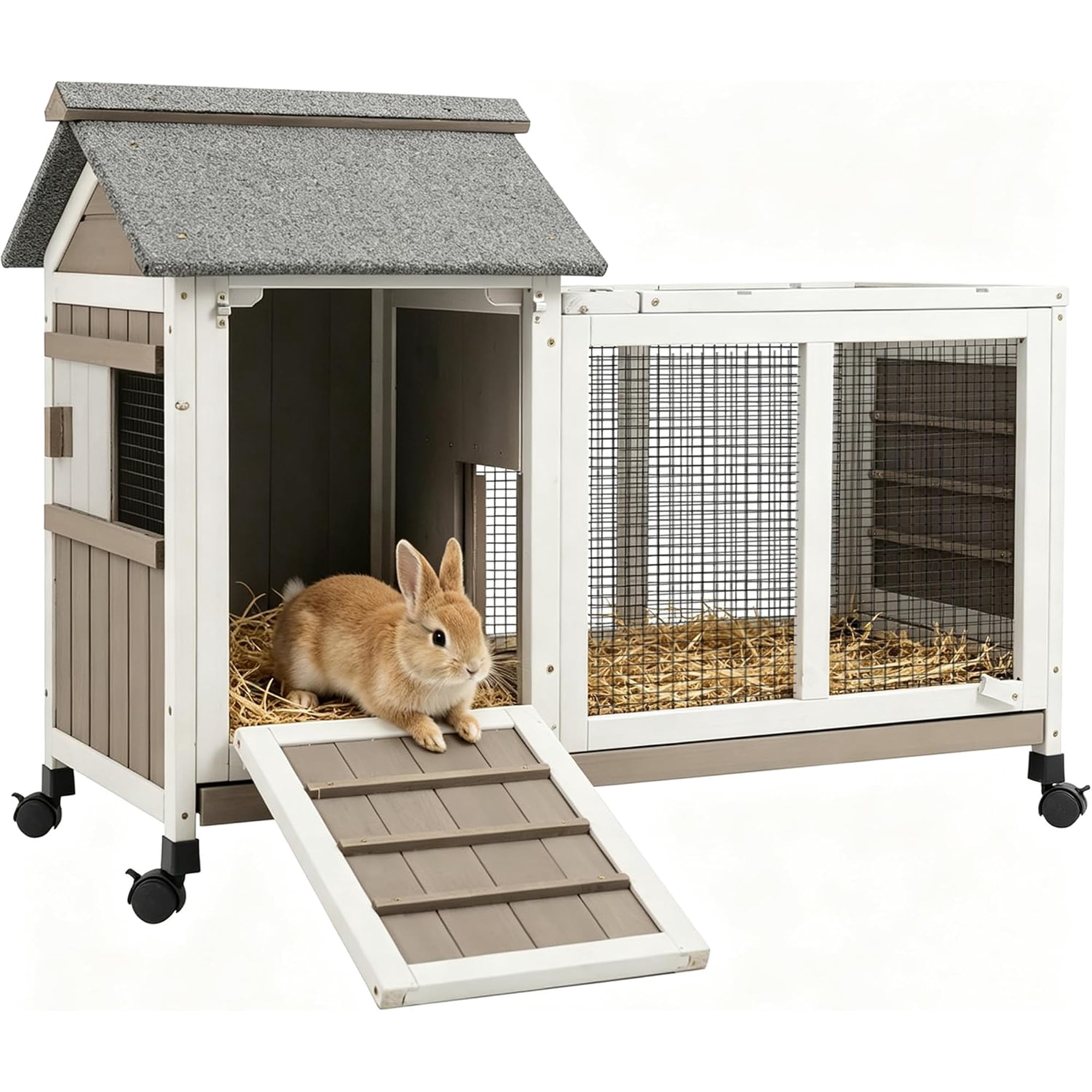 PETSCOSSET Rabbit Hutch Wooden Bunny Cage with Run Pull-Out Tray & Wheels