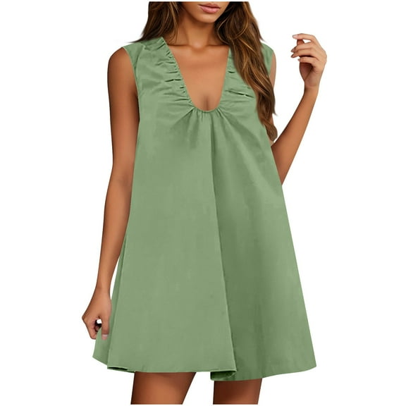 Women Sleeveless Babydoll Tank Mini Dress Scoop Neck Ruched Short Dresses 2025 Summer Party Vacation Dresses