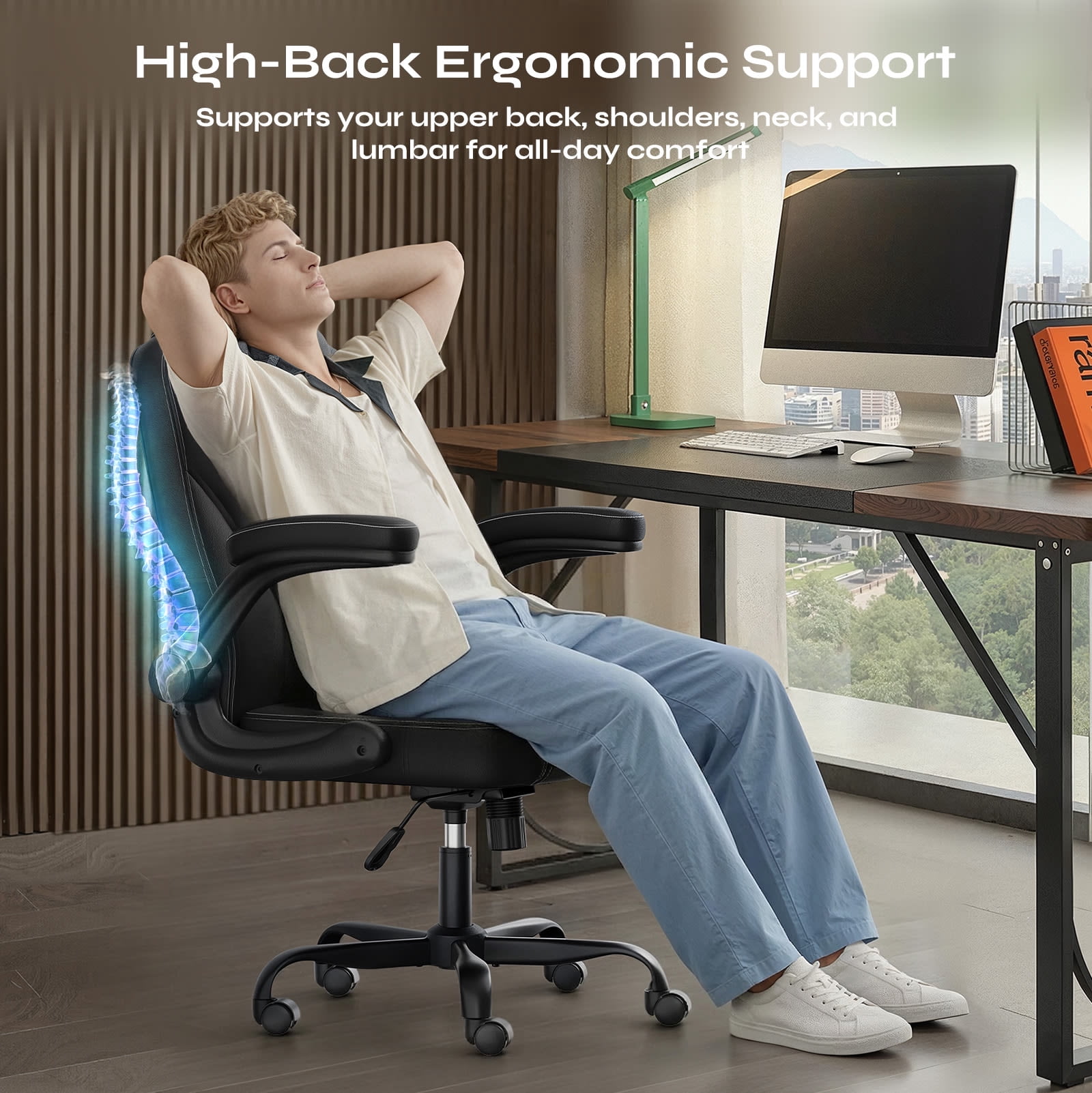 Pinmoco Ergonomic PU Leather Office Chair, High Back Executive Computer Desk Chair with Double-Layer Cushion, Swivel Gaming Chair with Wheels and Flip-Up Armrests, Black