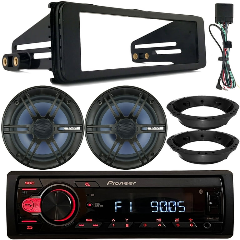 Pioneer MVH-S215BT Single DIN Bluetooth USB AUX AM/FM Radio Receiver, 2x  6.5 120W Marine Speakers, Stereo Install Kit, Speaker Adapters (Fits  Select 1998-2013 Harley Davidson Touring Motorcycles) 