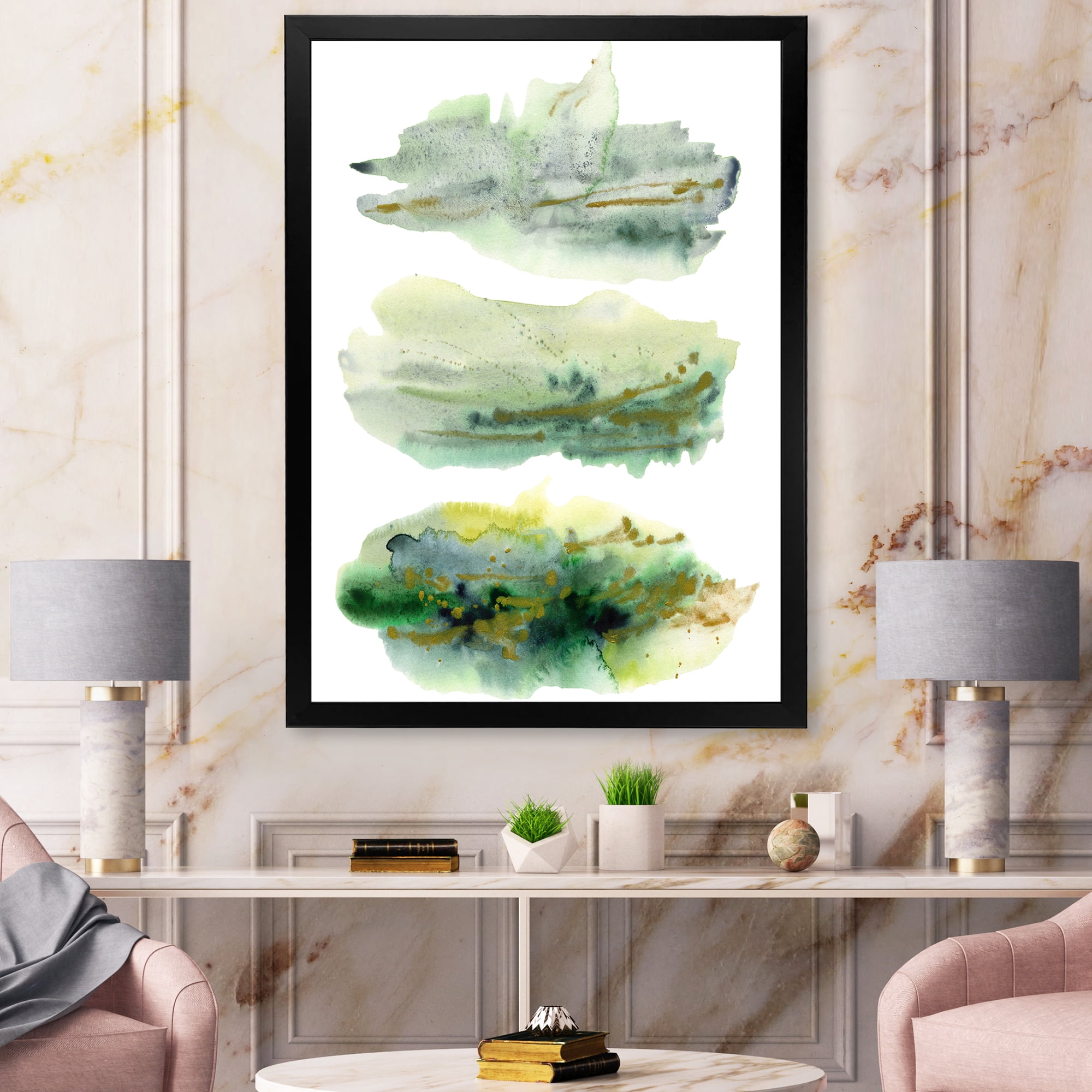 Designart 'Golden Green Abstract Clouds II' Modern Framed Art Print