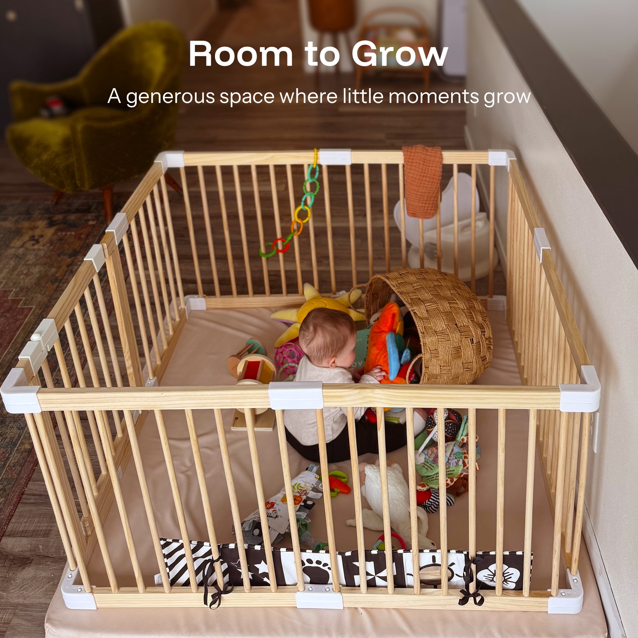 HARPPA Wooden Baby Playpen with Gate, Play Yard Fence for Toddlers, Greenguard gold certified,43.3" x 43.3" x 24"