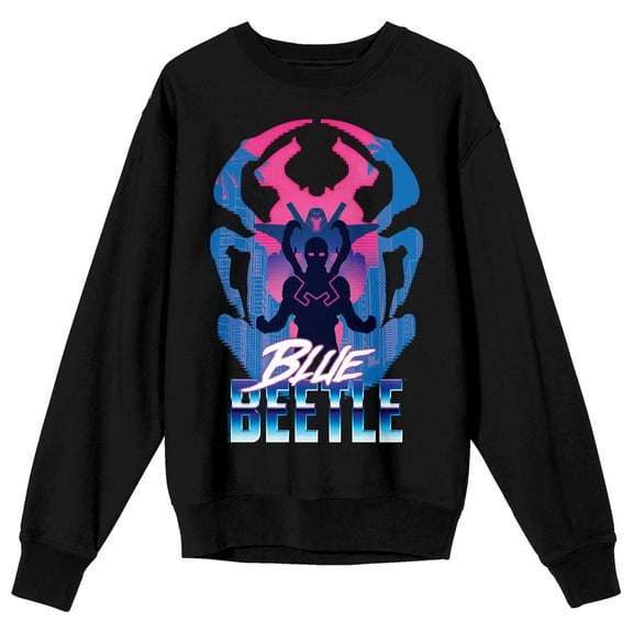 Blue Beetle Superhero Silhouette & Logo Crew Neck Long Sleeve Black Adult Sweatshirt-Large