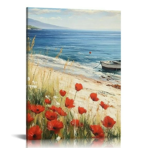 ZFLMY Red Flowers Beach Boat Wall Decor for Bedroom Kitchen Art Canvas Prints Modern Home Office Living Room Bathroom, 12x16/16x20 Inches 12x16in