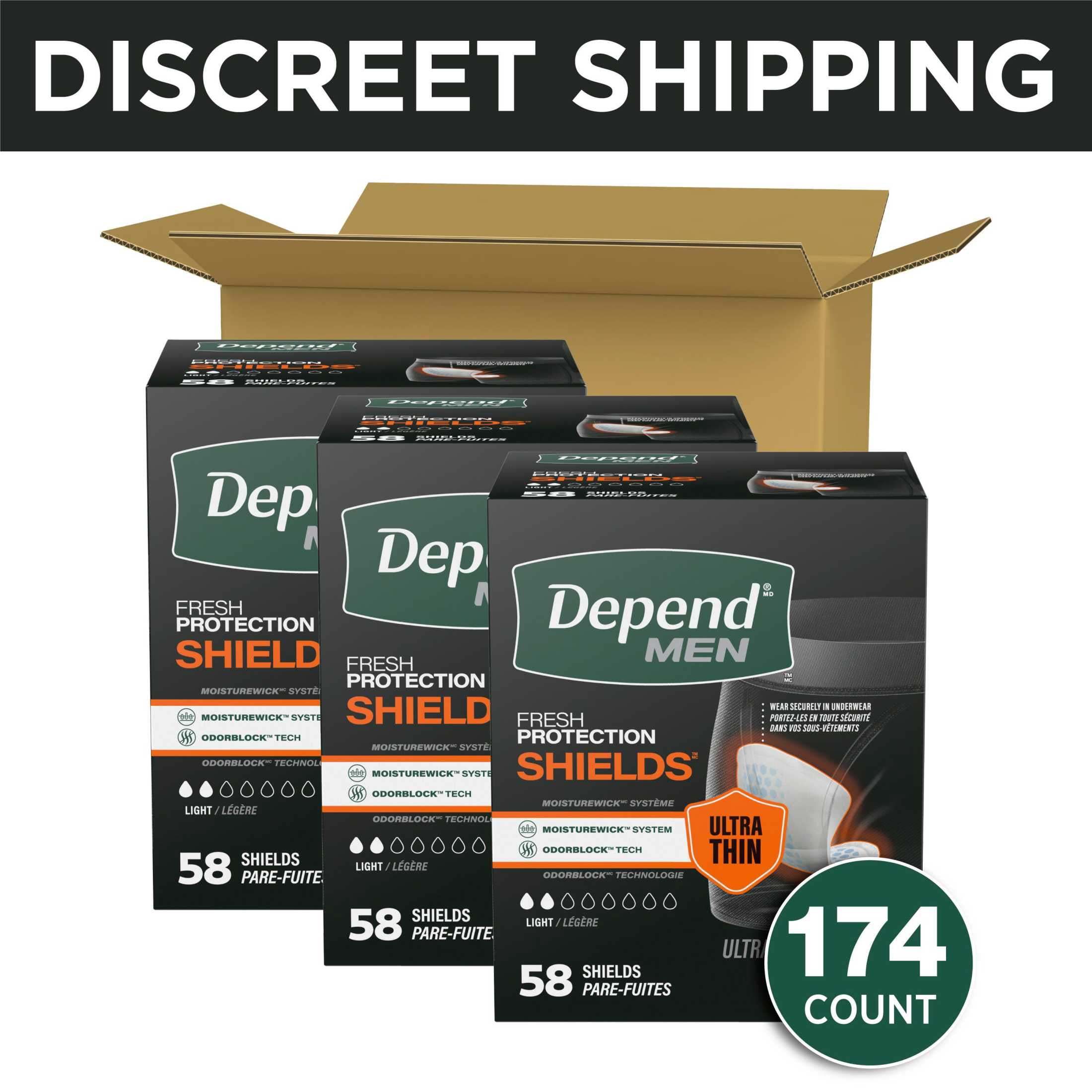 (2 pack) Depend Shields Incontinence Pads for Men, Light Absorbency, 58 Count