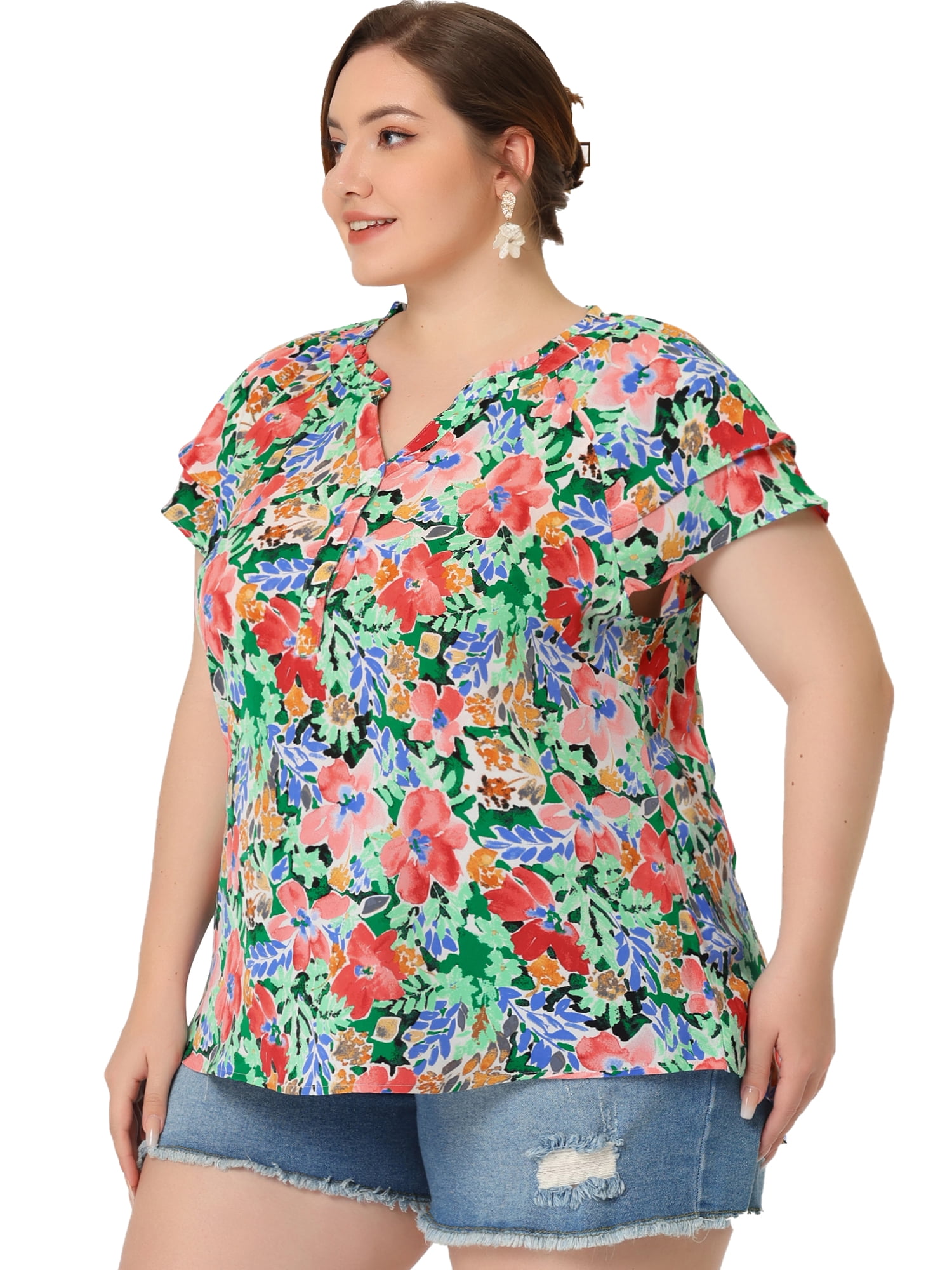 Unique Bargains Women's Plus Size Layered Sleeve V Neck Floral Tops Tunics 3X Green