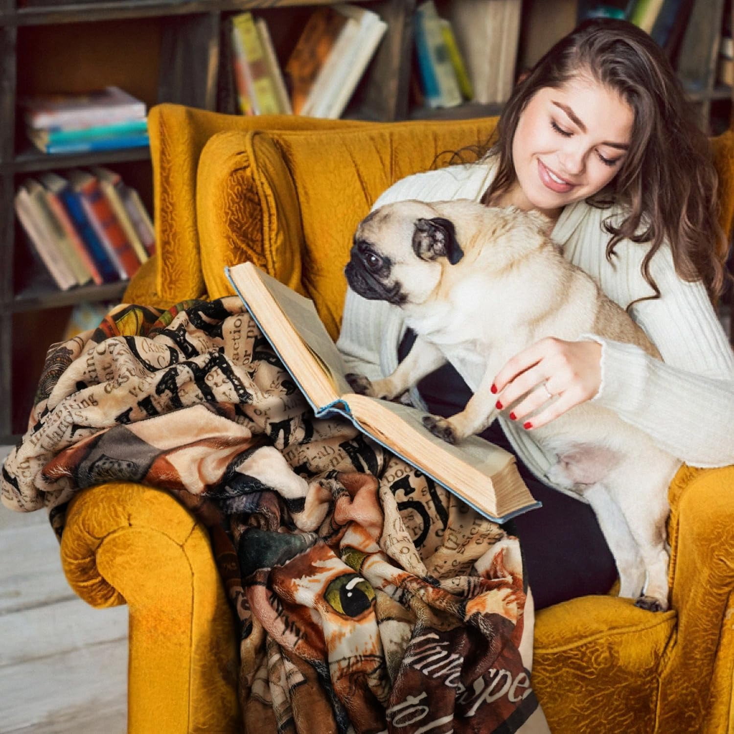 Book Lover Gift for Women Men - Cozy Fleece & Flannel Throw Blanket for Cat Lovers, Teachers, Librarians, Birthday Reading Gifts, 60"x50" for Couch, Bed, Chair, Dorm Room Decor