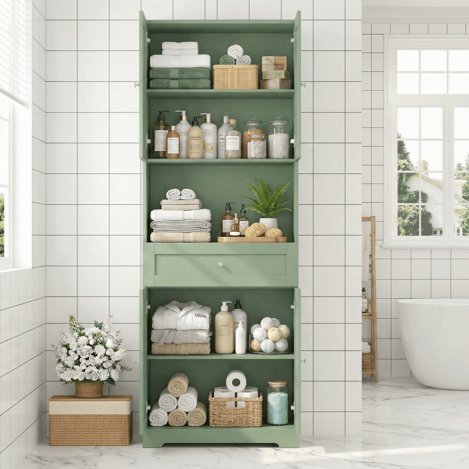 Homfa 67.5" Tall Modern Bathroom Storage Cabinet with Drawer, 4 Door Modern Freestanding Storage Cabinet Cupboard, Green