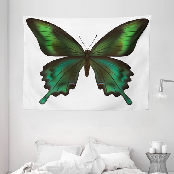 Swallowtail Butterfly Tapestry, Realistic Exotic Wildlife Creature in Green Tones, Wall Hanging for Bedroom Living Room Dorm Decor, 80W X 60L Inches, Olive Green Jade Green Black, by Ambesonne