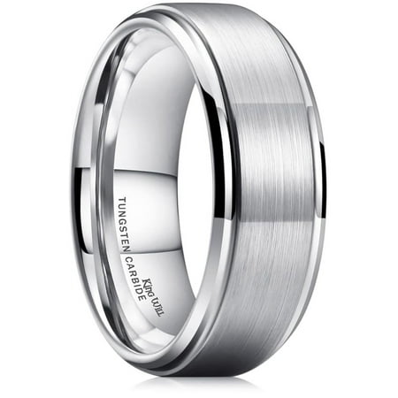 King Will BASIC 8mm Silver Tungsten Carbide Wedding Ring for Men Women Matte Brushed Finish Center Polished Step Edge Comfort Fit Size 10