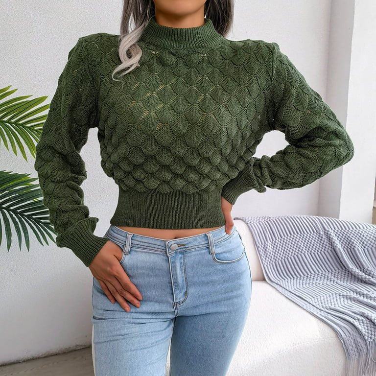 VSSSJ Women Pullover Cropped Knitwear Sweater Cable Knit Tunic Long Sleeve  Crop Tops Trendy Solid Color Crewneck Jumper Sweaters Army Green M