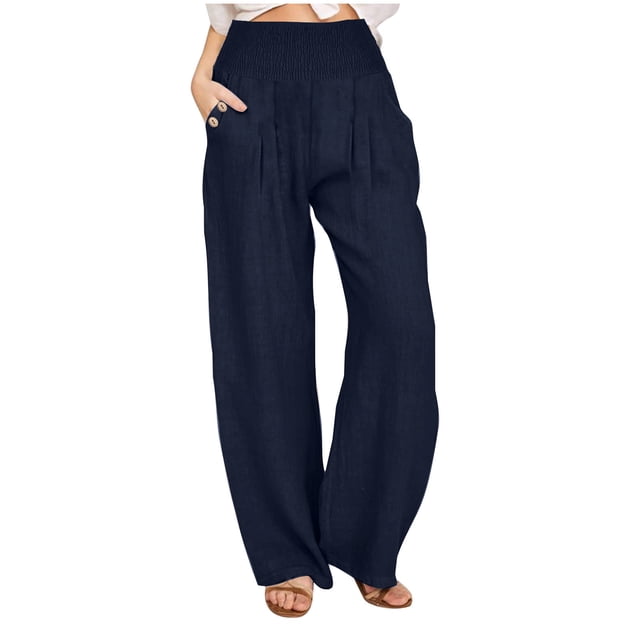 Timegard Cotton Linen Pants for Women Elastic High Waist Smocked Straight Leg Ruched Loose Lounge Pants