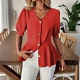 thumbnail image 7 of Ashirexll Tops for Women Trendy Fashion Casual Solid Color V-Neck Buttoned Short Sleeve Top for Spring, 7 of 7