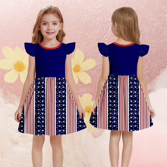 QTBIUQ Girl S Summer Independent Day Print Round Neck Patchwork Dress Small Flit Sleeve Short Waist Holiday Party Game Casual Cinched Versatile Daily Set Cute And Fashionable Style(Blue,11 Years)