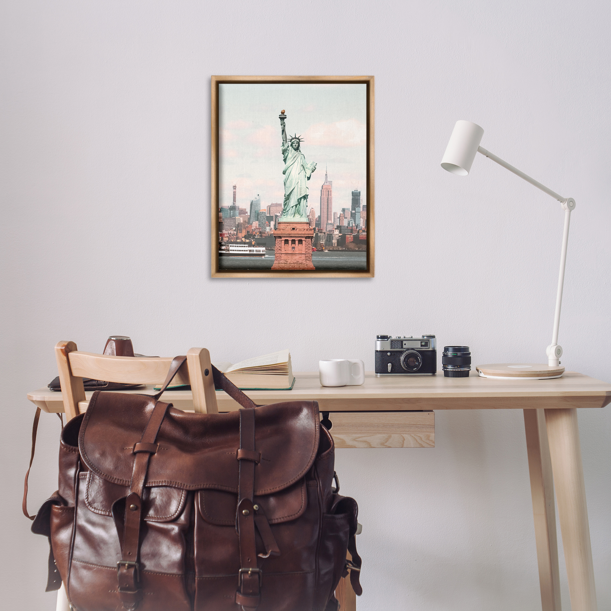 Stupell Industries Statue of Liberty Skyline Cities & Countries Photography Brown Floater Framed Canvas Art Print Wall Art, 25 x 31
