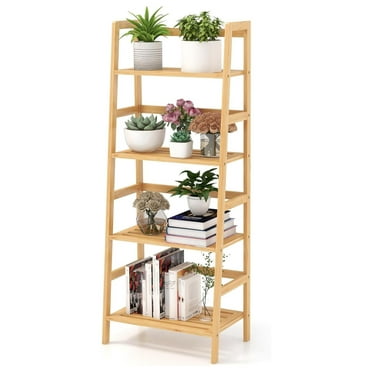 Jiowenm 4 Tier Bamboo Bookshelf, Freestanding Open Bookcase Book Shelf Multifunctional Plant Flower Display Stand, Ladder Shelf for Bedroom, Living Room, Home Office,Small Space