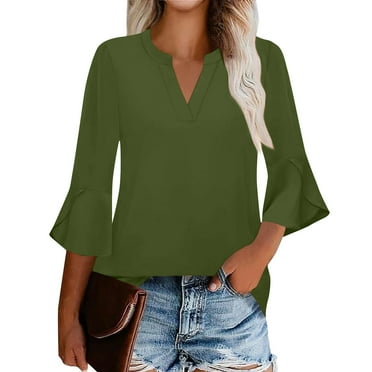 Zhensanguo Ruffle 3/4 Length Sleeve Womens Tops Fashion V Neck Tunic Tops Trendy Dressy Shirts Casual Blouses Green M