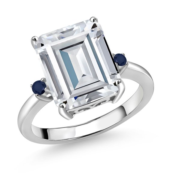 Gem Stone King 925 Sterling Silver Blue Sapphire Ring Set with Emerald Cut Moissanite (7.47 Cttw) (Size 8)