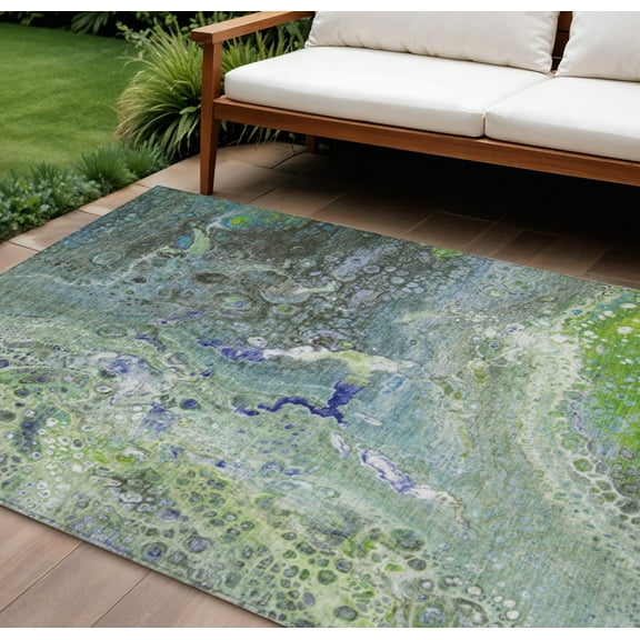 10' X 14' Green And Lime Green Abstract Washable Indoor Outdoor Area Rug