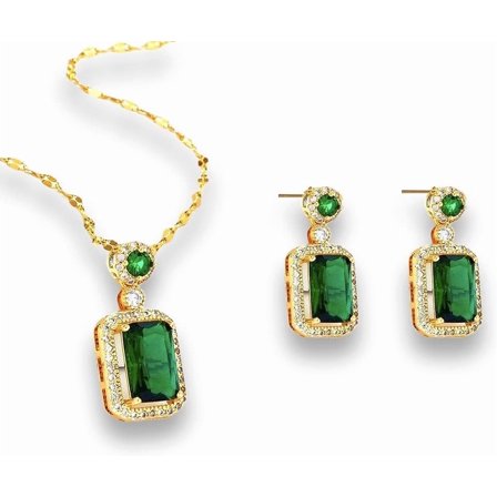 Women Jewelry Set Rhinestone Zircon Emerald Pendant Necklaces & Earrings Set