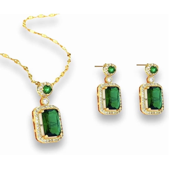 Women Jewelry Set Rhinestone Zircon Emerald Pendant Necklaces & Earrings Set