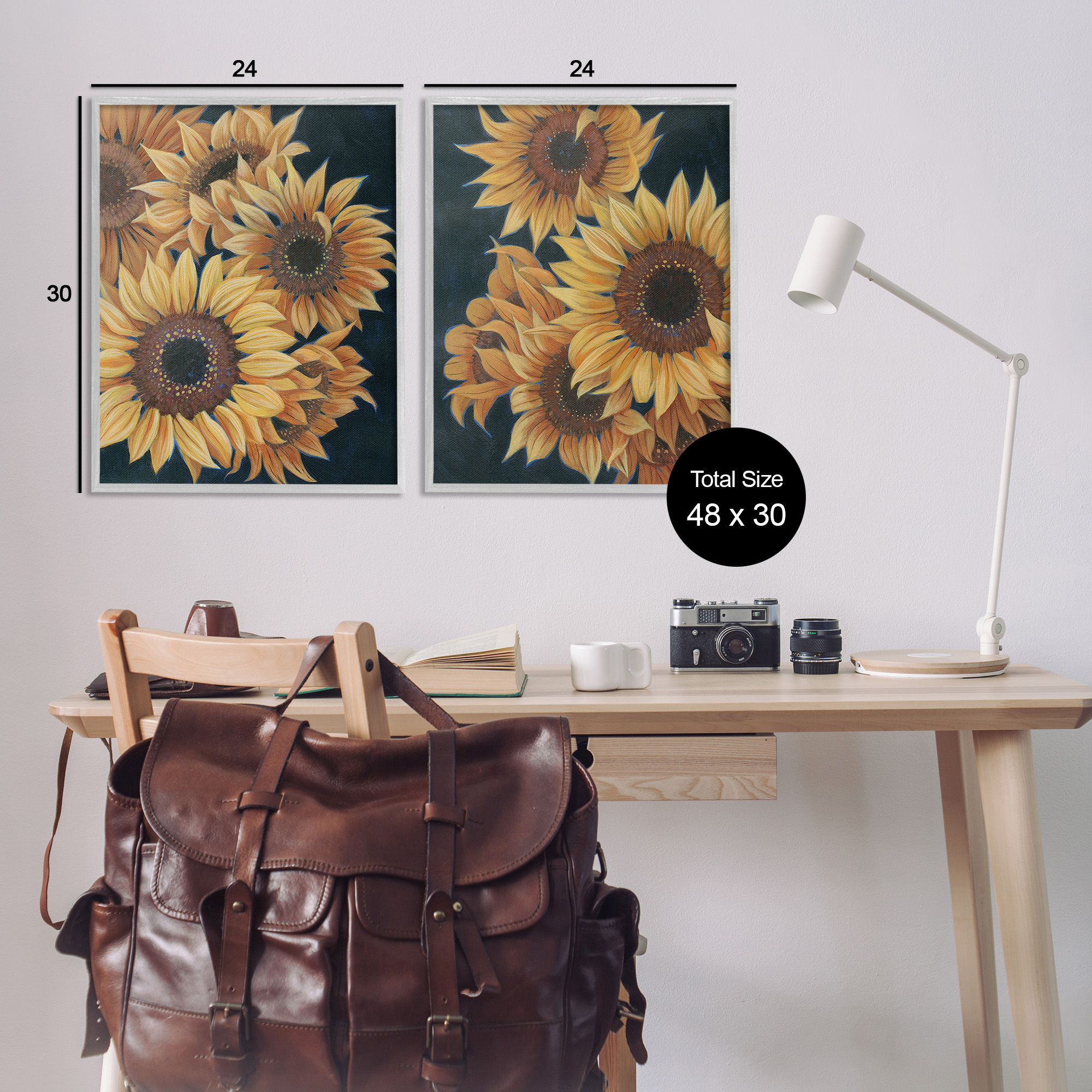 Stupell Industries Sunflowers on Black Botanical & Floral Painting Gray Framed Art Print Wall Art, 24 x 30, Set of 2