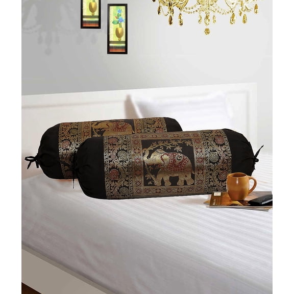 Stylo Culture Indian Polydupion Cylindrical Tube Pillow Bolster Pillow Covers Black Jacquard Brocade Border Elephant Large Couch Round Cylinder Cushion Covers (Set of 2) | 30x15 Inches (76x38 cm)