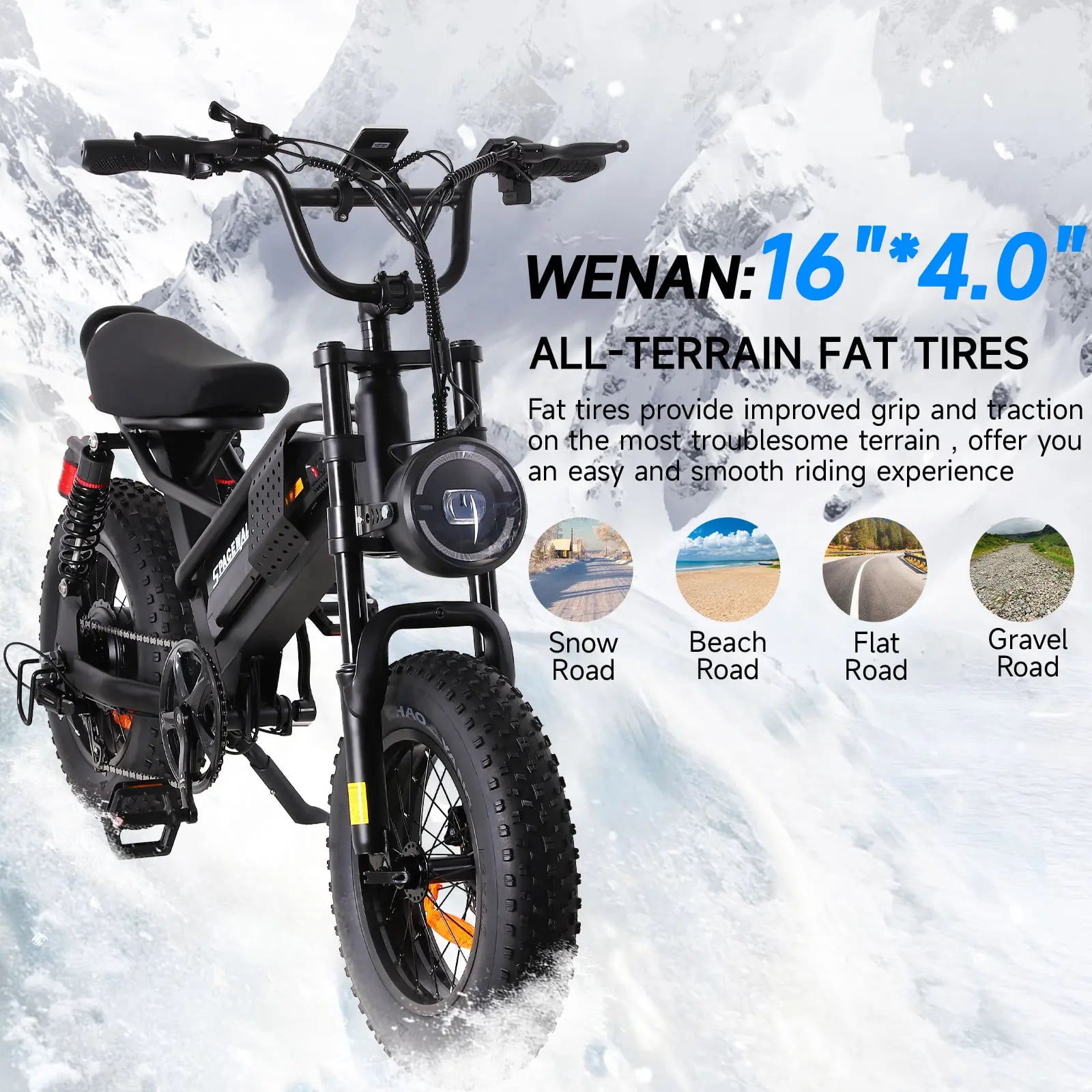 Spacewalk 16" Fat Tire Electric Bike, 750W Motor,48V 15Ah Removable Battery,21.7 MPH Compact Ebike with Dual Suspension,UL 2849