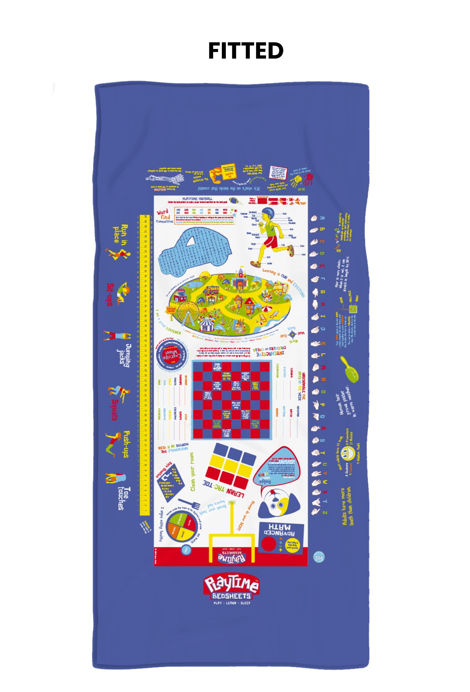 Playtime Premium & Ultra-Soft Microfiber Kids Blue Fitted Game Bedding Sheets & Pillowcases. 3 Piece. Twin, Pack and Play Kids /Toddler Bed Sheets Set. Over 65 Fun Interactive Kids Games, Puzzles