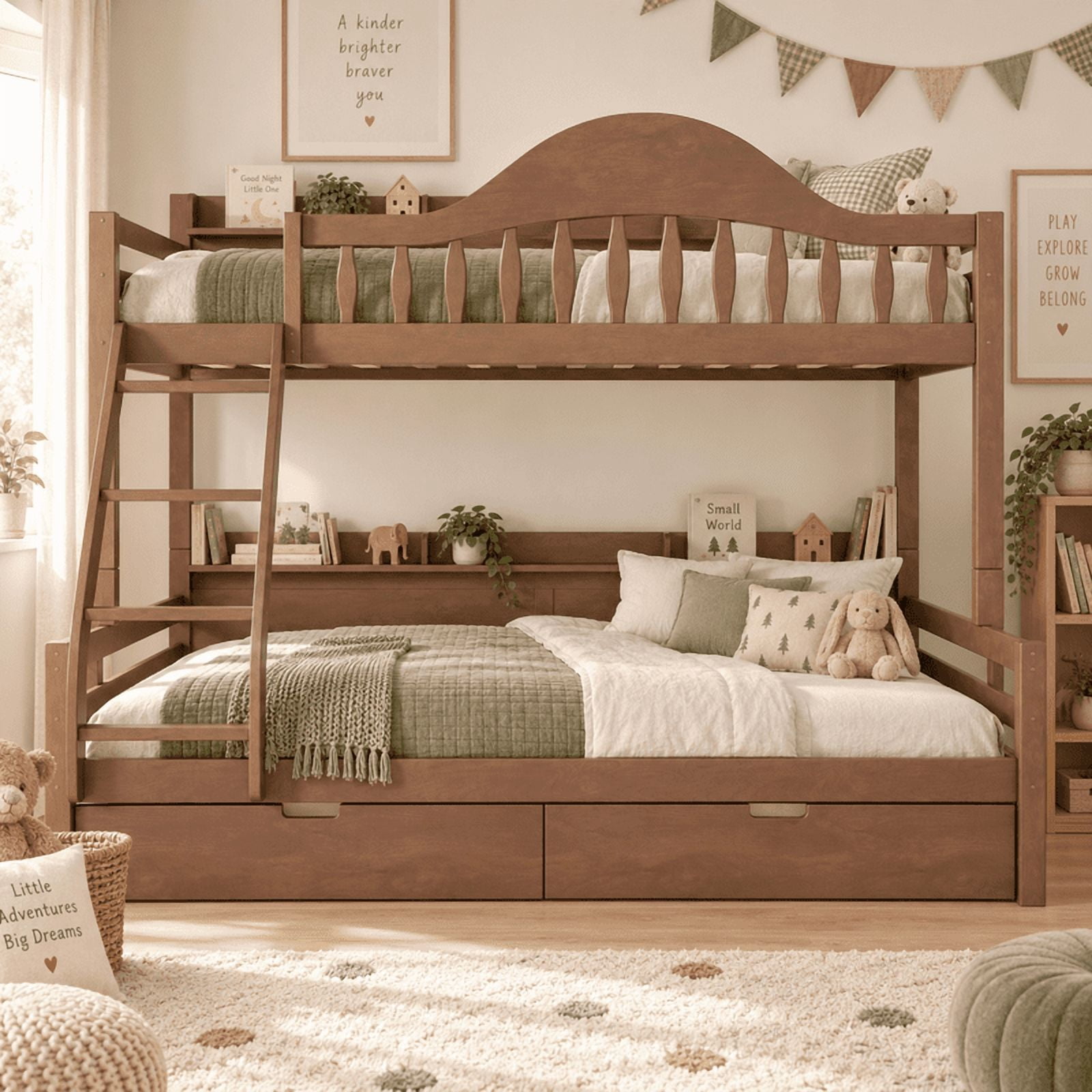 Twin Over Full Bunk Bed with 2 Storage Drawers, Solid Wood Kids Bunk Bed with Curved Guardrails, Side Storage Shelves and Ladder, No Box Spring Needed