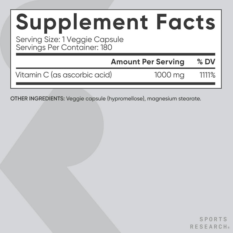 Sports Research Vitamin C 1000 mg Capsules, Vegan, 180 Count photo 6