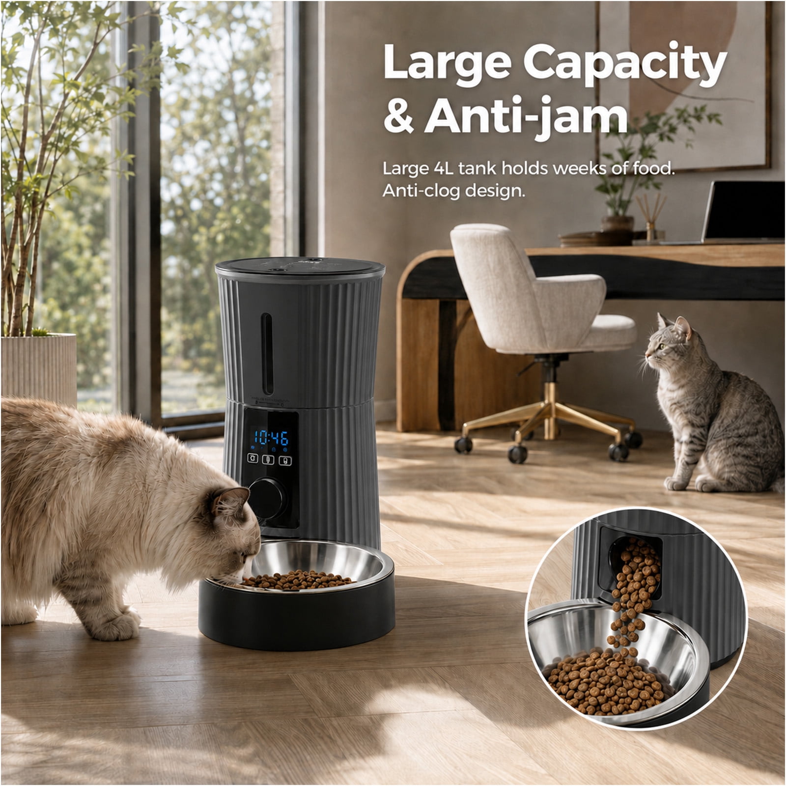 Alvantor Timed Automatic Cat Feeder, 4L Programable Dry Food Dispenser with Desiccant Bag Dual Power Supply 10S Voice Recorder, Smart Pet Feeder for Cats and Small Medium Dogs