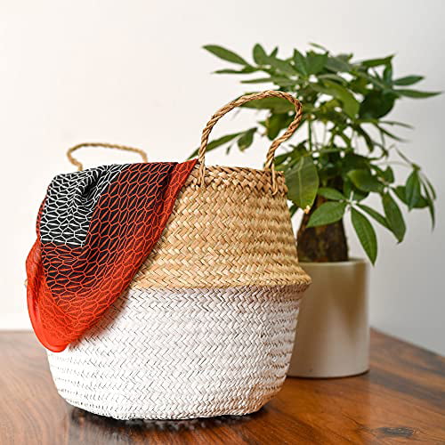 Seagrass Belly Basket Storage Plant Pot Foldable Nursery Laundry Bag White S 