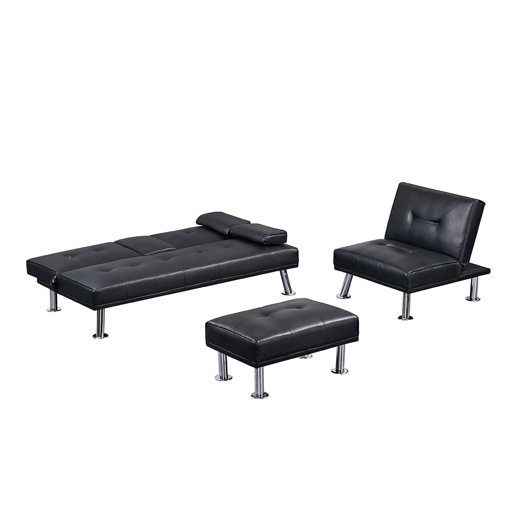 Lowestbest Futon Sofa Bed, Modern Leather Couch Convertible Folding Sofabed with Ottoman, 3 Pcs for 1 Sets, Black Lowestbest Futon Sofa Bed, Modern Leather Couch Convertible Folding Sofabed with Ottoman, 3 Pcs for 1 Sets, Black