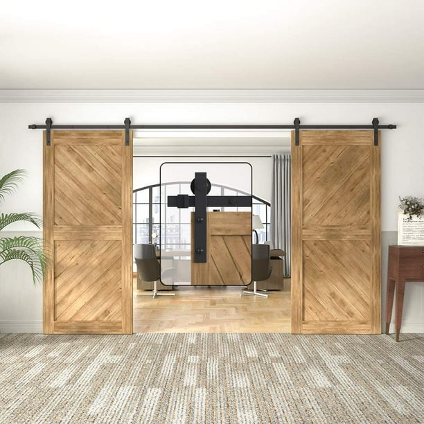 Winsoon 11ft Double Sliding Barn Door Hardware Closet Kit Rustic J Style Hanger Black Finish Com Winsoon 11ft Double Sliding Barn Door, Double Sliding Door Hardware