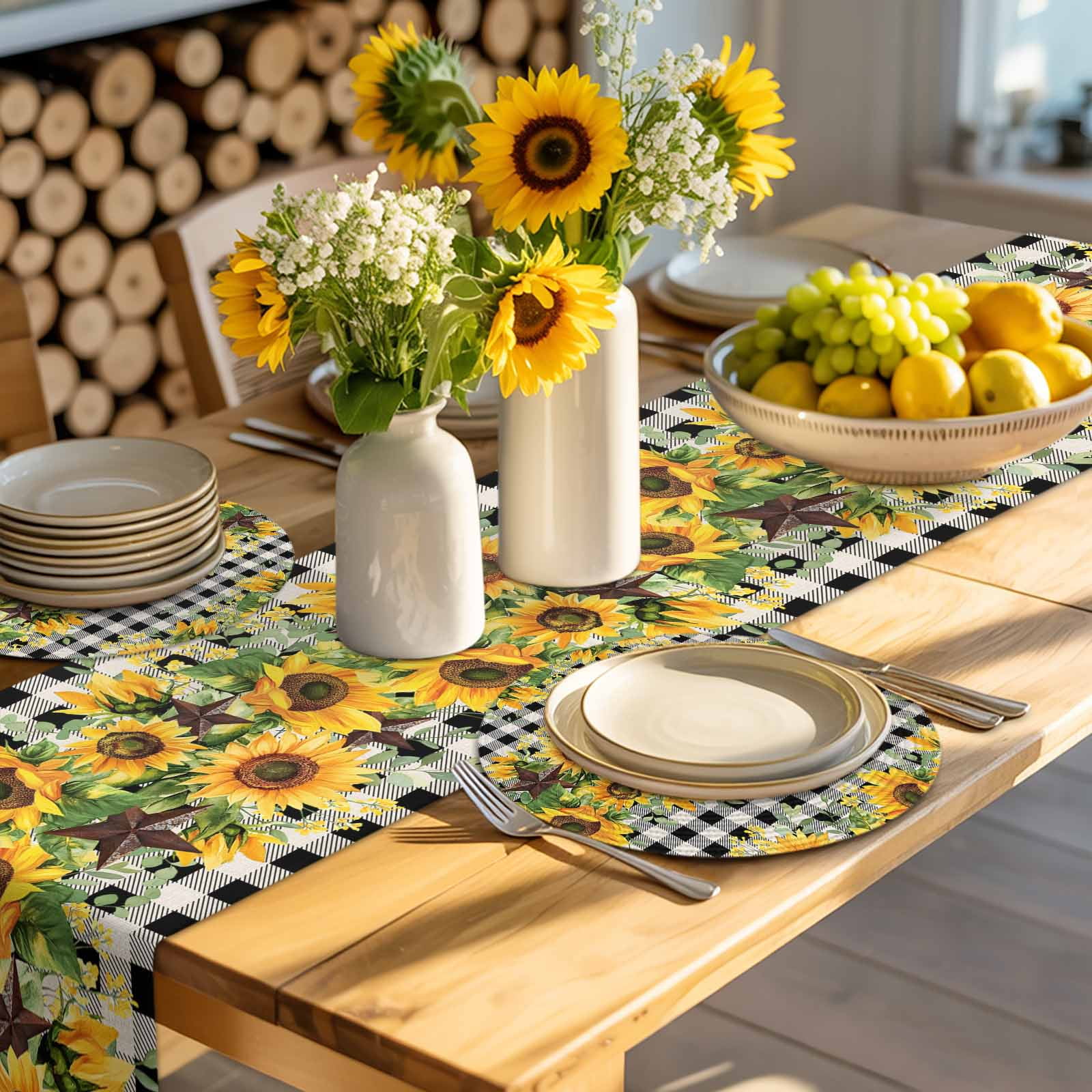 Round Woven Placemats set of 6, Sunflower Washable&Heat Resistant Plastic Wipeable Placemats for Round Table Rustic Farmhouse Barn Star Kitchen Dining Table Decor, 15in, Black Buffalo Plaid