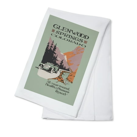 

Glenwood Springs Colorado Vintage Car and Mountain Contour Artwork (100% Cotton Tea Towel Decorative Hand Towel Kitchen and Home)