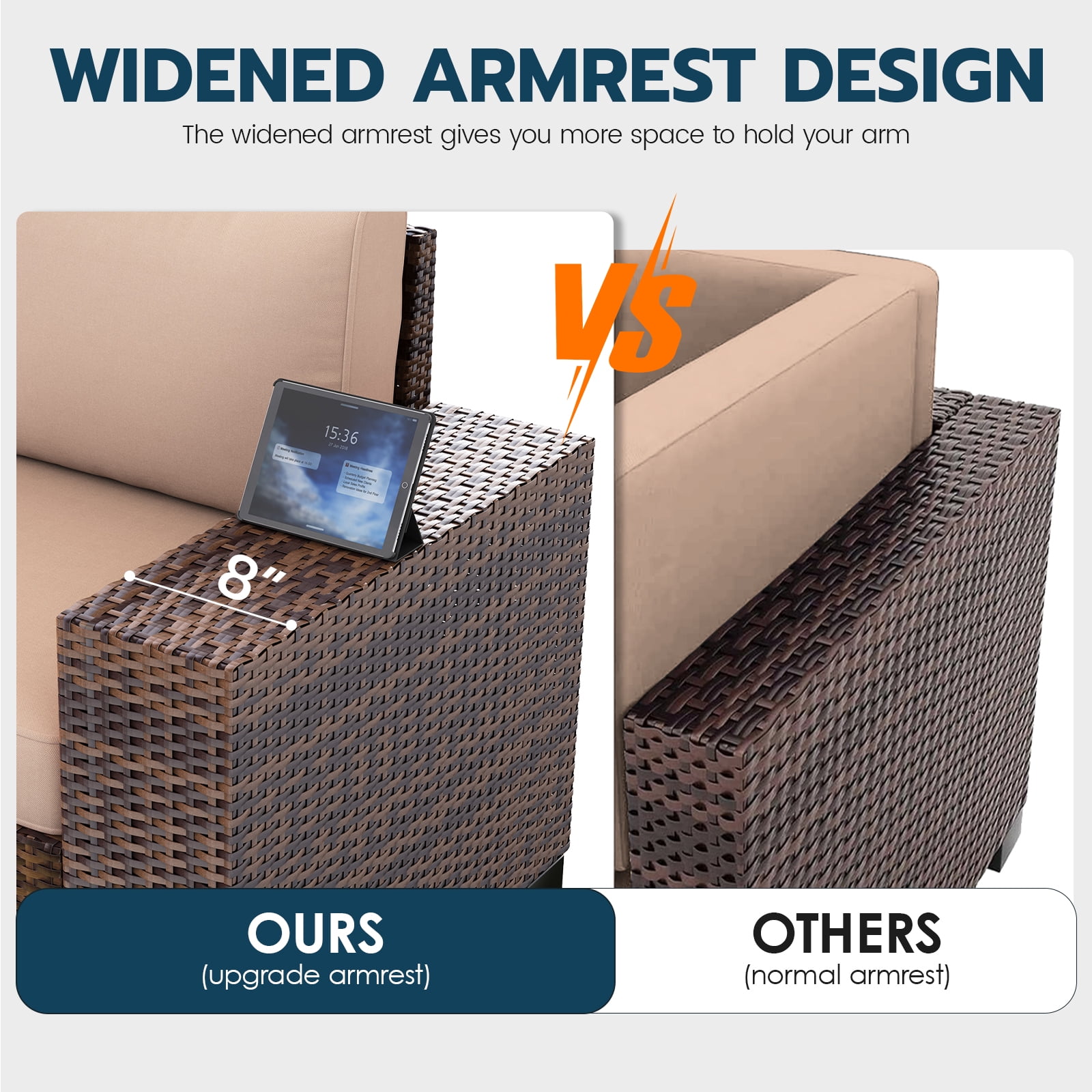 ELPOSUN Outdoor Sectional Furniture Set 6-Piece Brown Rattan Wicker Conversation Sofa Set with Glass Top Table,Beige Cushions
