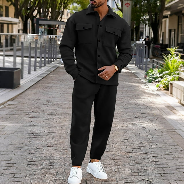 Men's Solid Color Long Sleeved Lapel Cardigan Jacket With Elastic Waist and Drawstring Leg Binding Pants Set