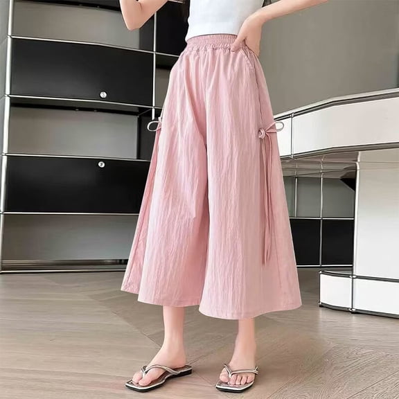 asjyhkr Toddler Kids Girls High Waist Bows Side Wide Leg Capri Pants with Pockets 4-15 Years Solid Color Lightweight Breathable Casual Workout Playing Outdoor Pants,Size 120-170