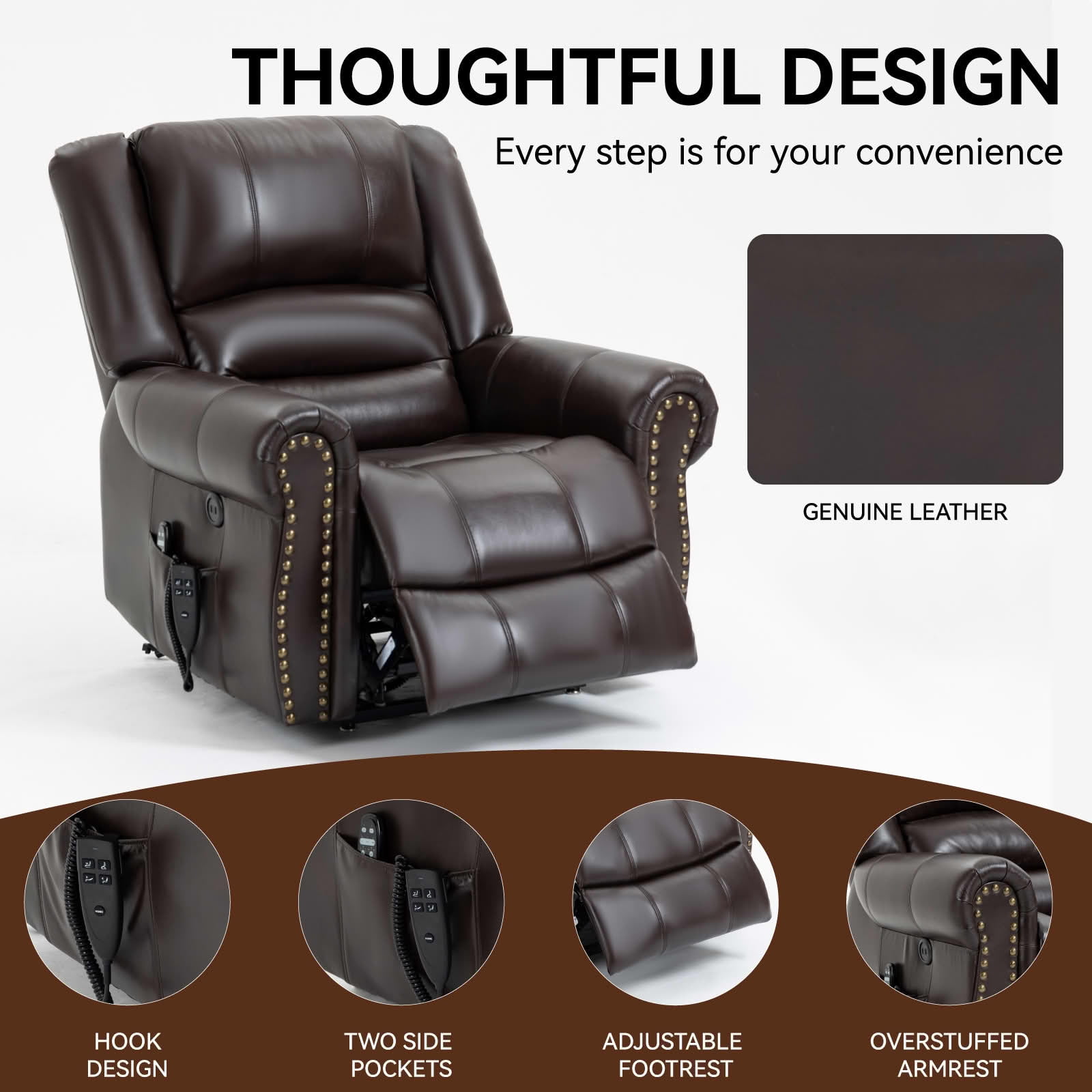 MAYEERTY Antique Brown Faux Leather Dual Motor Power Lift Recliner, 350lbs Massage Heat USB Ports 40"x38"x41" for Elderly
