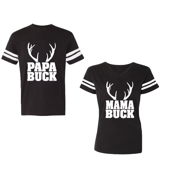 Papa Mama Buck Unisex Couple Matching Cotton Jersey style T-Shirt Contrasting stripes on sleeves (Men Black / Women Black) (Men S / Women S)