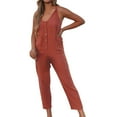 thumbnail image 1 of Women's Summer Casual Sleeveless Jumpsuits Plain Button V Neck Cropped Tapered Pants Lounge Rompers with Pockets, 1 of 6