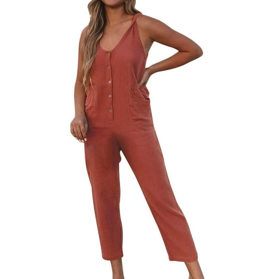 Wycnly Jumpsuits for Women Button Down Pocket Long Jumpsuits Overalls Summer Fashion Solid V-Neck Sleeveless Maxi Rompers Red xl