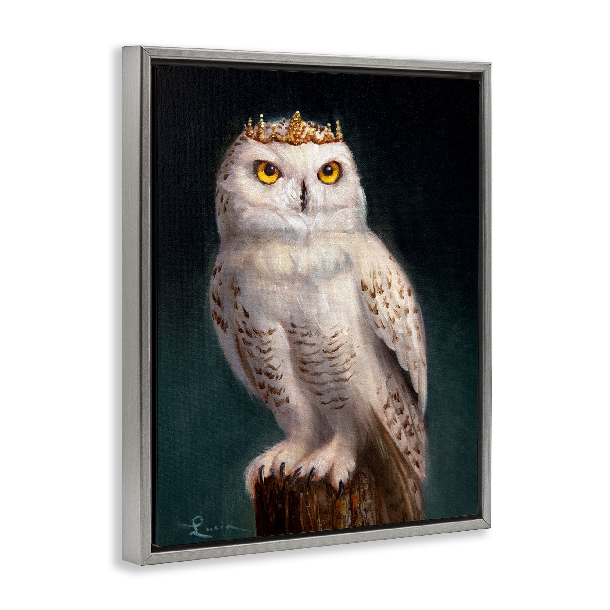 Snowy Owl King Gray Framed Floater Canvas Wall Art, design by Lucia Heffernan