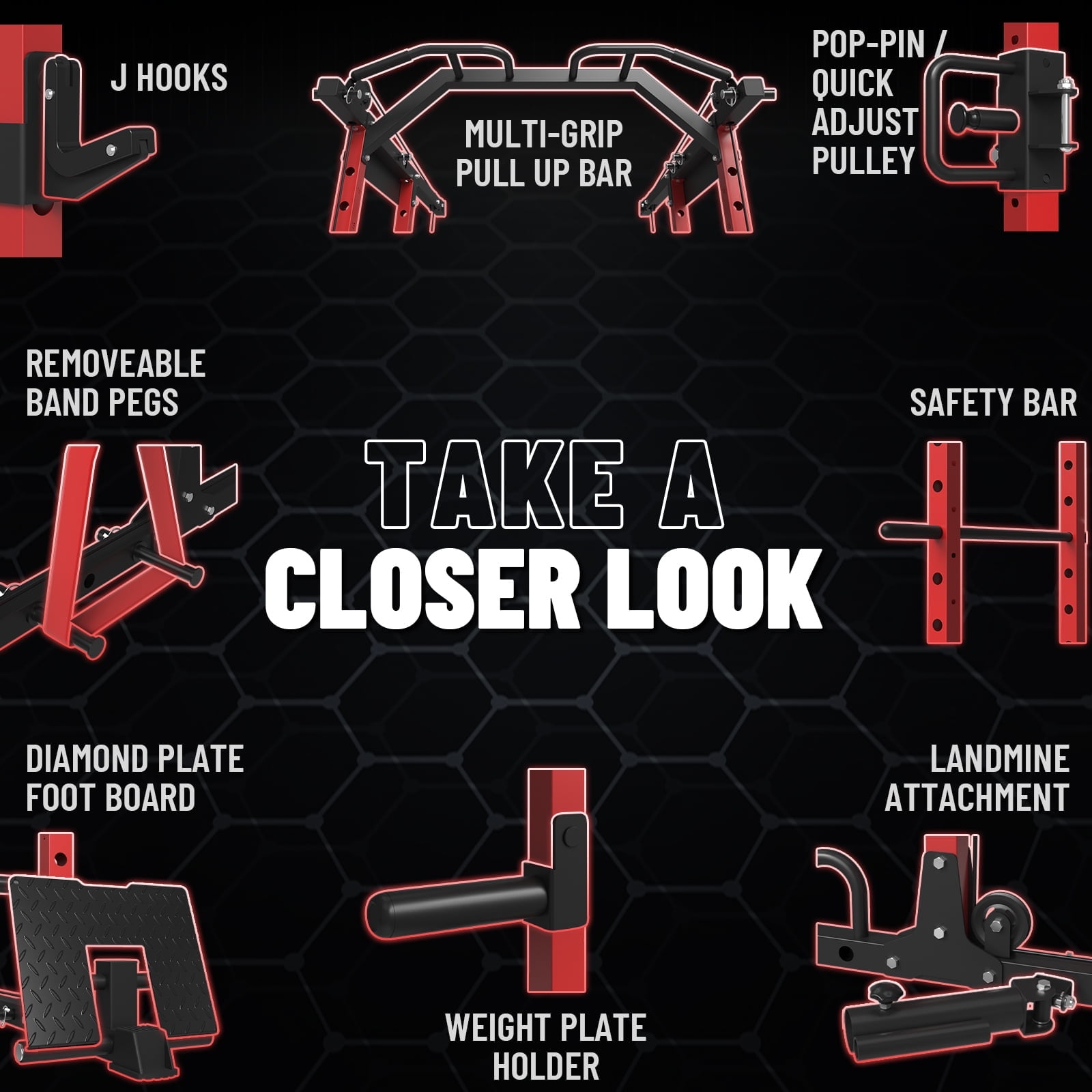 Mikolo Power Rack Cage, 1500LBS Weight Cage with 800LB Capacity Adjustable Weight Bench, 1500LB Capacity Barbell and 230LB Weight Plate set Red