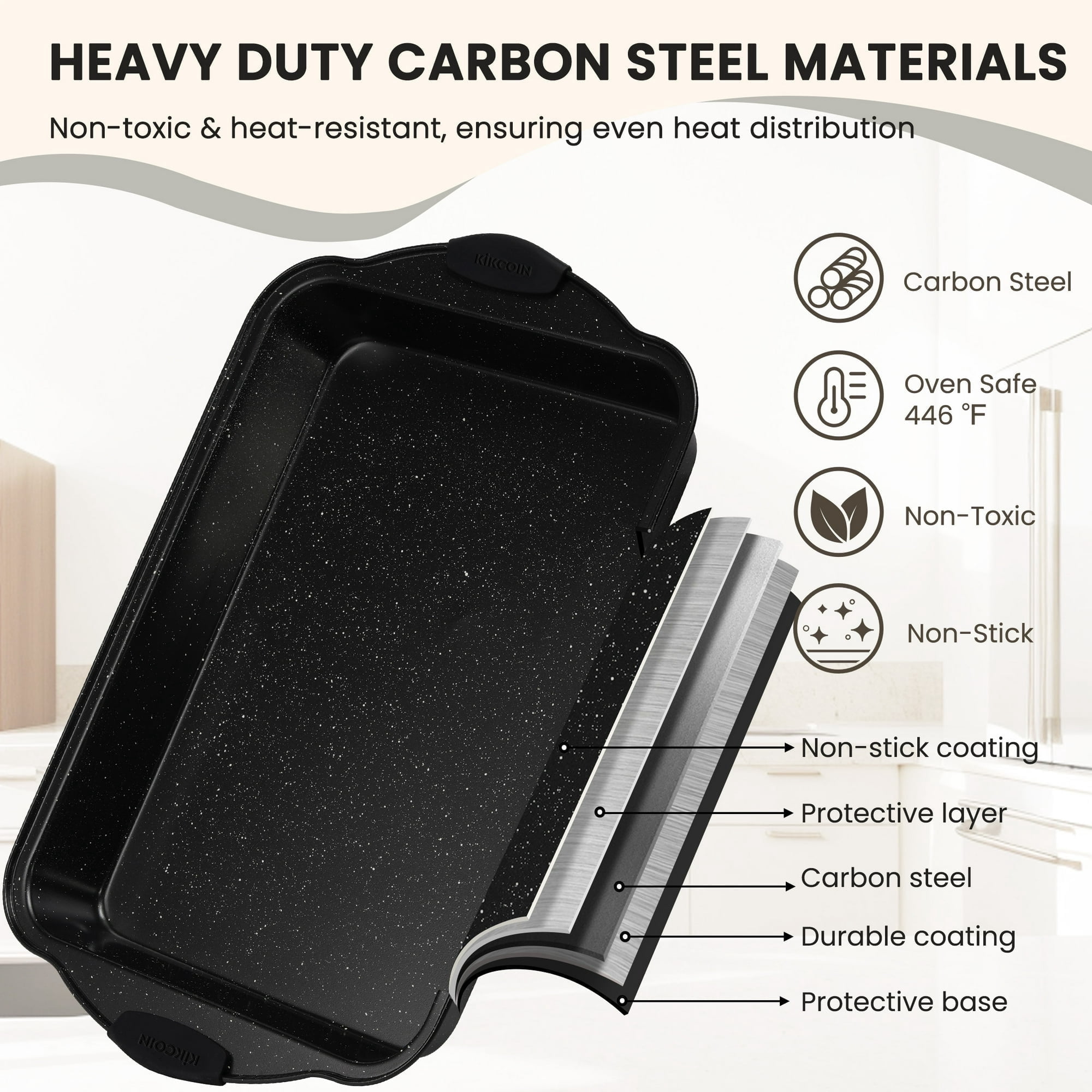 Kikcoin Bakeware Set, Carbon Steel Baking Pans Set, Baking Sheet Pans for Kitchen with Silicone Handles, Nonstick Cookie Sheets