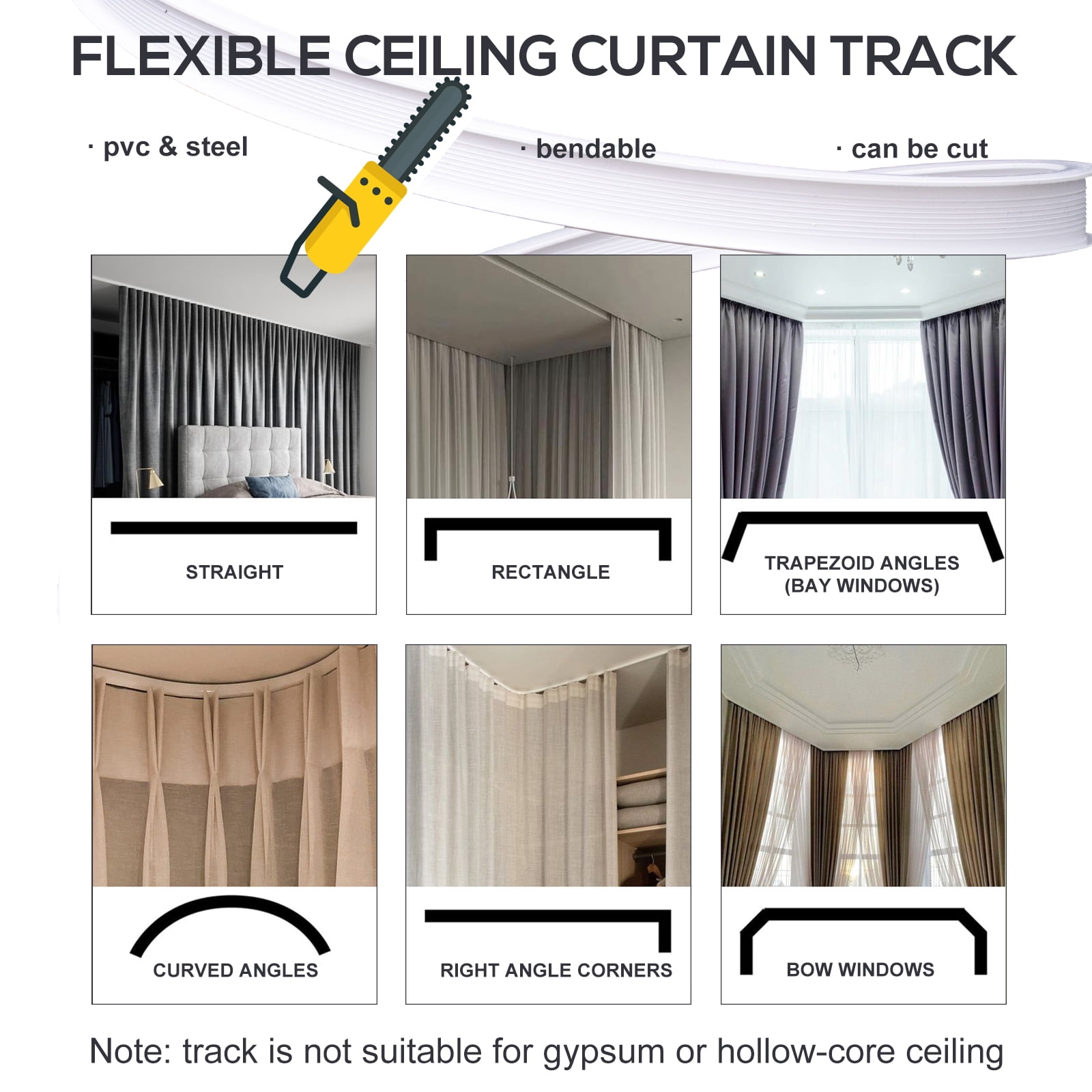 CBSRORO Room Divider Blackout Curtains with Ceiling Mounted Curtain Track Set,1 Panel Black Divider Curtain and White Flexible Curtain Track for Room Separation